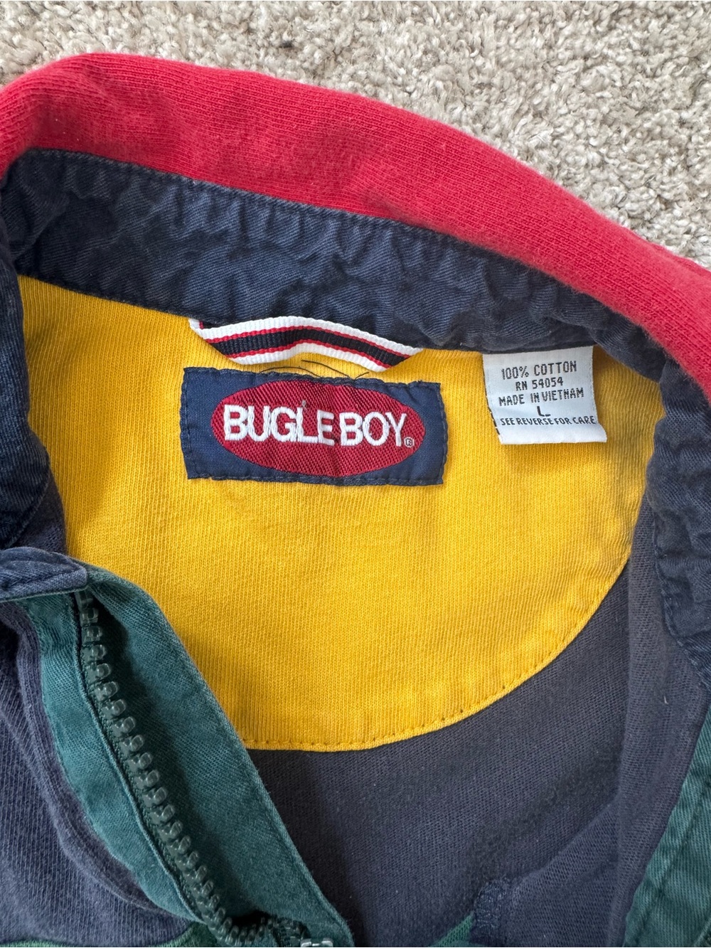Vintage Bugle Boy Navy, Red, Green & White Striped Rugby Polo - Picture 3 of 4